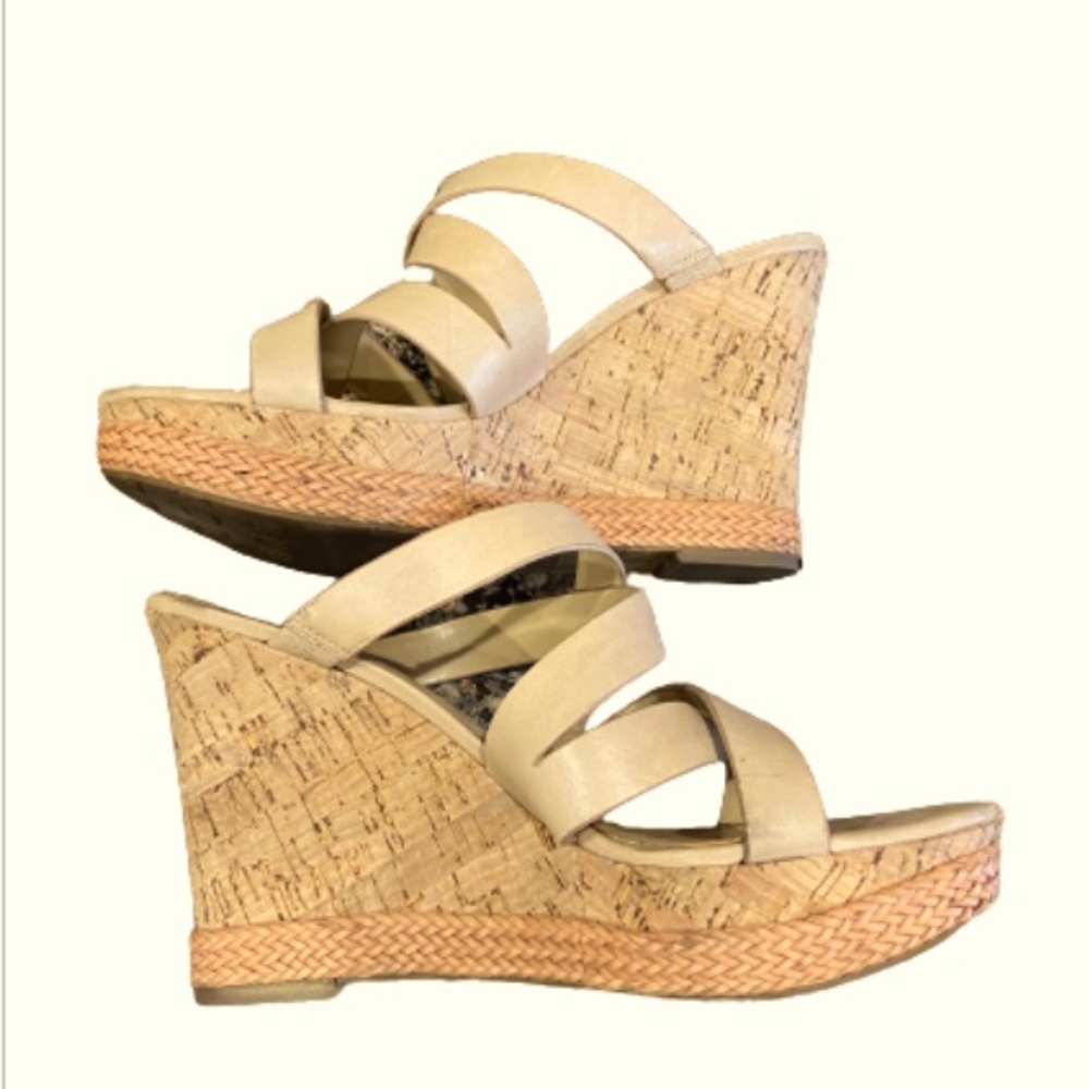 Ivanka Trump Slip on Habbie Wedge Open Toe Sandals Size 10 in Sand Brown